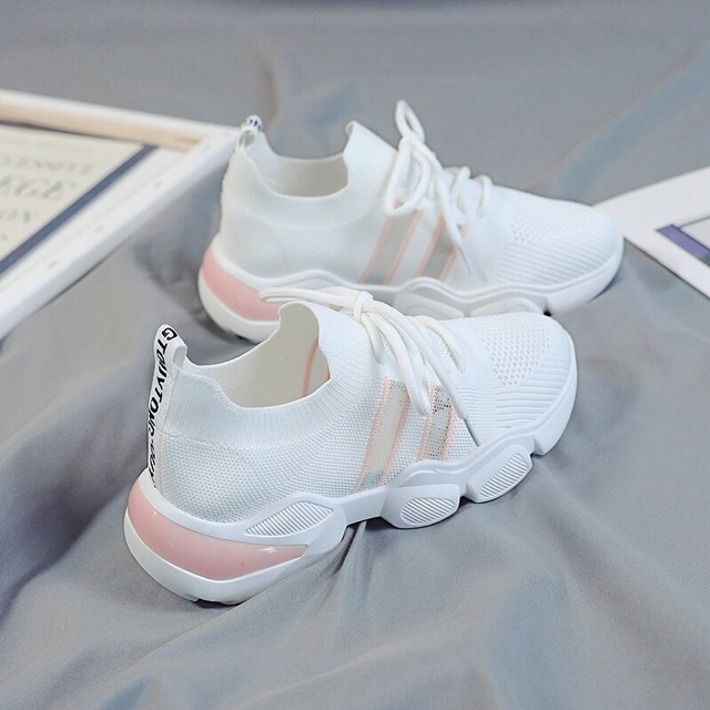 Giày thể thao lưới thoáng trắng hồng đen đế mềm êm