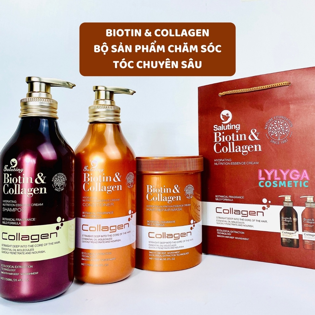 Dầu Gội Dầu Xả BIOTIN COLLAGEN SALUTING 750ML X2 Chăm sóc tóc siêu phục hồi tóc hư tổn. Dầu Cặp Biotin Nâu GX31