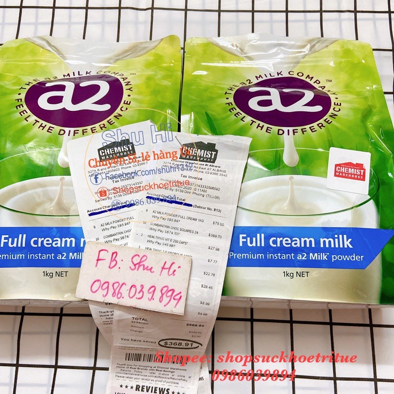 Sữa A2 Úc Full Cream - Sữa Tươi Nguyên Kem Dạng Bột 1kg (đủ bill Chemist)