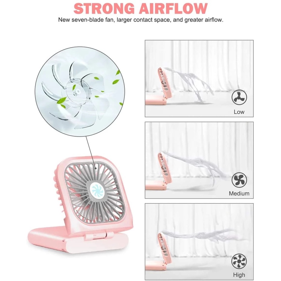 Quạt Điện Làm Mát Để Bàn Mini Bằng Nhựa Gấp Được 3 Tốc Độ Kèm Dây Treo Và Sạc USB 180 Độ Tiện Dụng Mang Theo Du Lịch