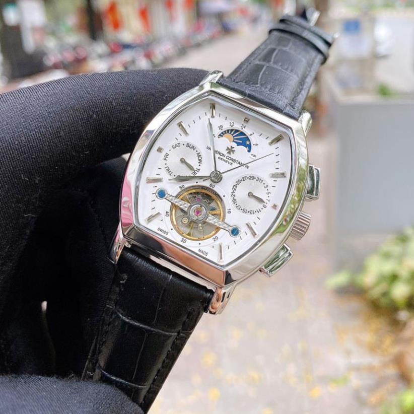 Đồng hồ Nam Vacheron máy nhật, mẫu mặt vuông lịch tuần trăng, mặt trắng viền trắng, dòng cơ Automatic size 40mm