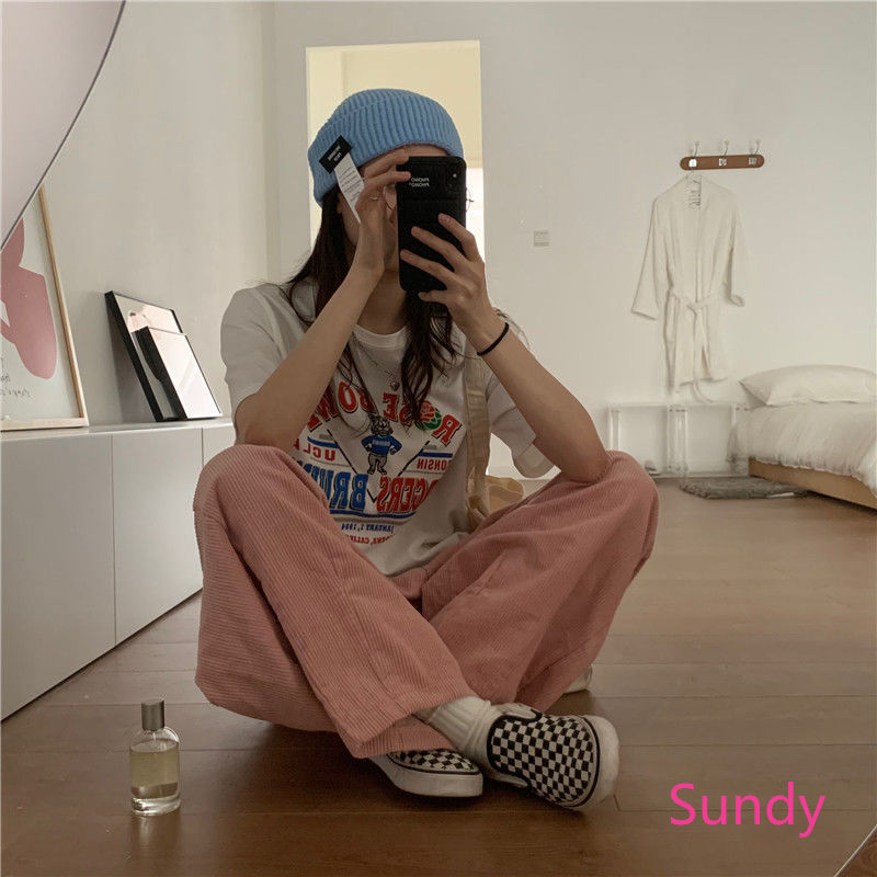 Set Áo Thun Ngắn Tay Cổ Tròn + quần ống rộng Thời Trang Nữ