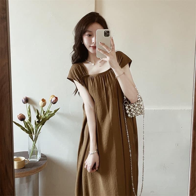 Váy hai dây bản to tay hến vải đũi thấm hút mồ hôi dáng dài maxi 3 màu tôn da, đầm suông tay hến dáng dài