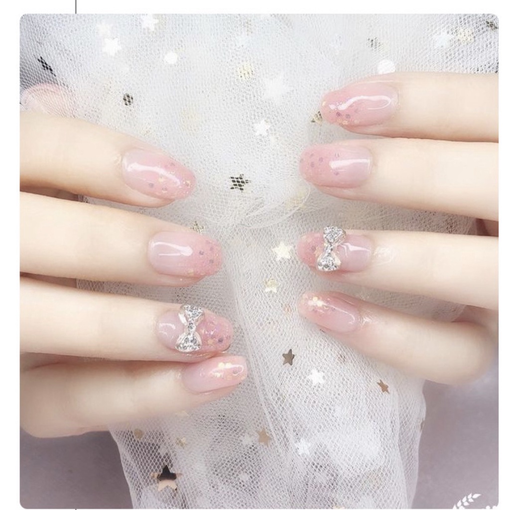 Charm nơ bạc kim loại trang trí móng tay cao cấp