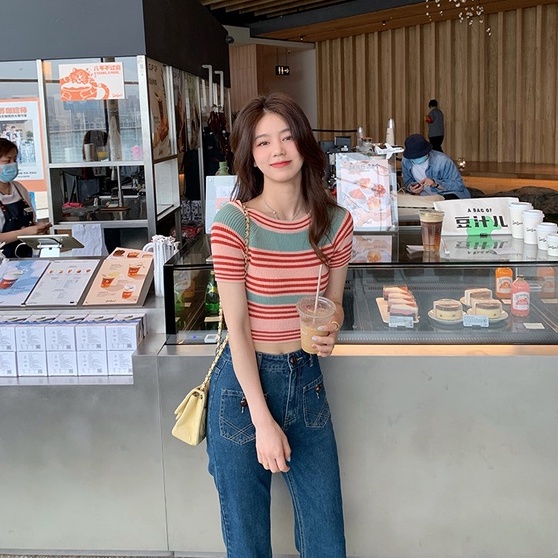 Áo thun ZHELIHANGFEI dệt kim tay ngắn cổ tròn họa tiết kẻ sọc trẻ trung thời trang