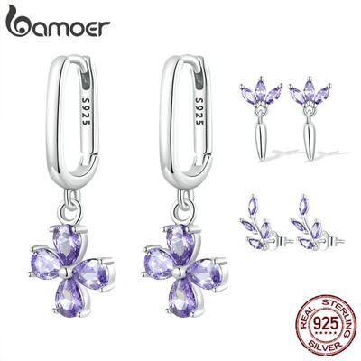 BAMOER Bông Tai bạc 925 Hình Nhánh Lá Màu Tím Sang Trọng Cho Nữ
