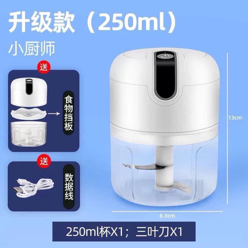 Máy Xay Tỏi Ớt Cầm Tay Mini, Xay Đá, Xay Thịt, Băm Rau Củ 250ml Cổng Sạc USB 3 Lưỡi Dao Tiện Lợi