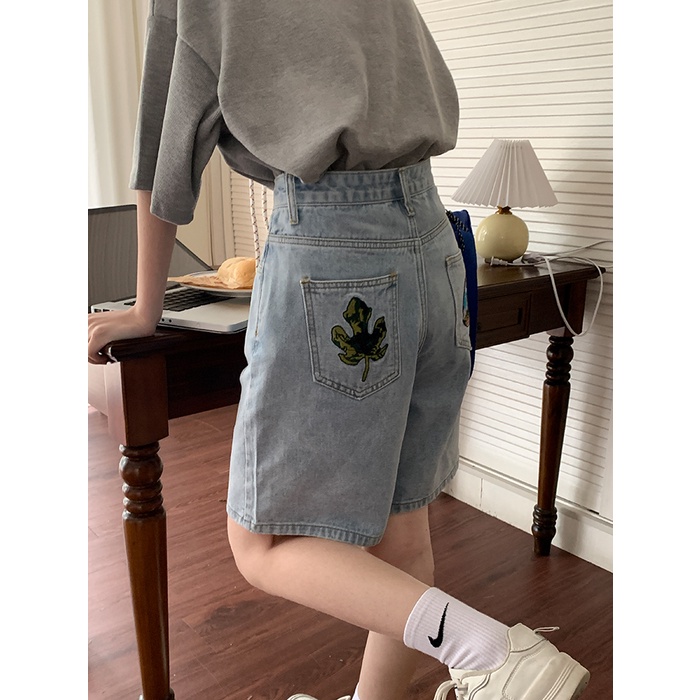 Quần Short denim Dáng Suông Thêu Họa Tiết Kiểu Hàn Quốc Thời Trang Cho Nữ
