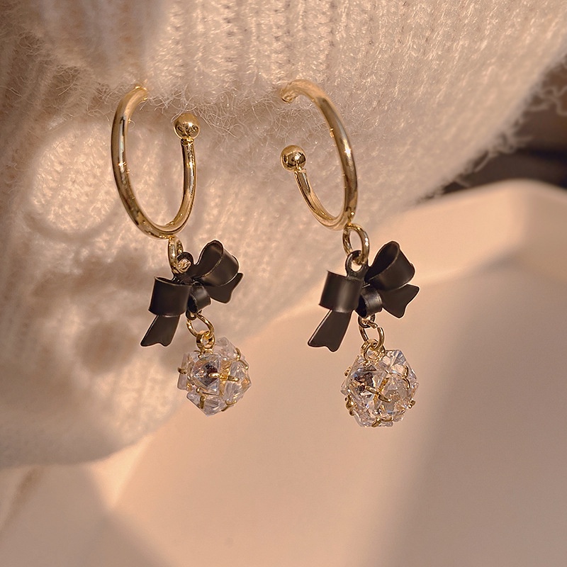 Bông Tai Hình Nơ Đính Đá Đen Phong Cách Pháp Cổ Điển Thời Trang Cao Cấp Cho Nữ