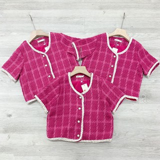 Áo dạ kẻ hồng cộc tay croptop