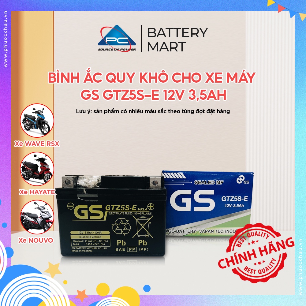 Bình Ắc quy khô GS GTZ5S E 3,5Ah Wave RS Rsx Rsv S, Nouvo456, Airblade110