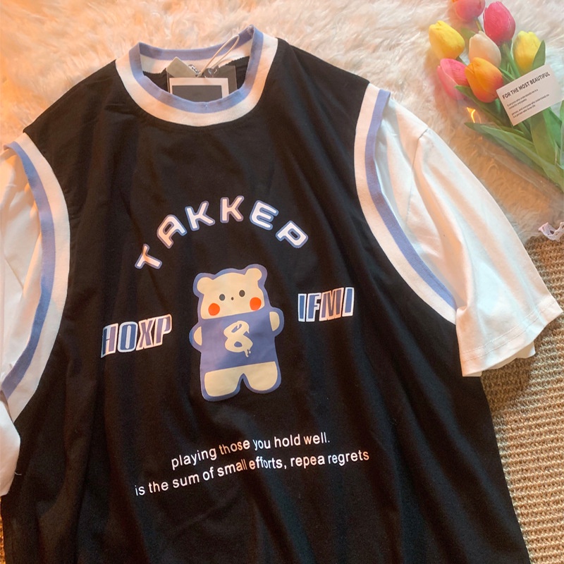 IELGY Áo Thun Ngắn Tay Giả Hai Lớp In Hình Gấu Dễ Thương Phong Cách retro Cho Nam Nữ