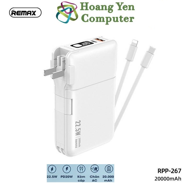 Sạc Dự Phòng Remax RPP-267 20000Mah (Sạc Nhanh QC3.0, VOOC 2.0  PD20W), Tích Hợp Cáp Sạc, Nguồn AC Sạc Trực Tiếp