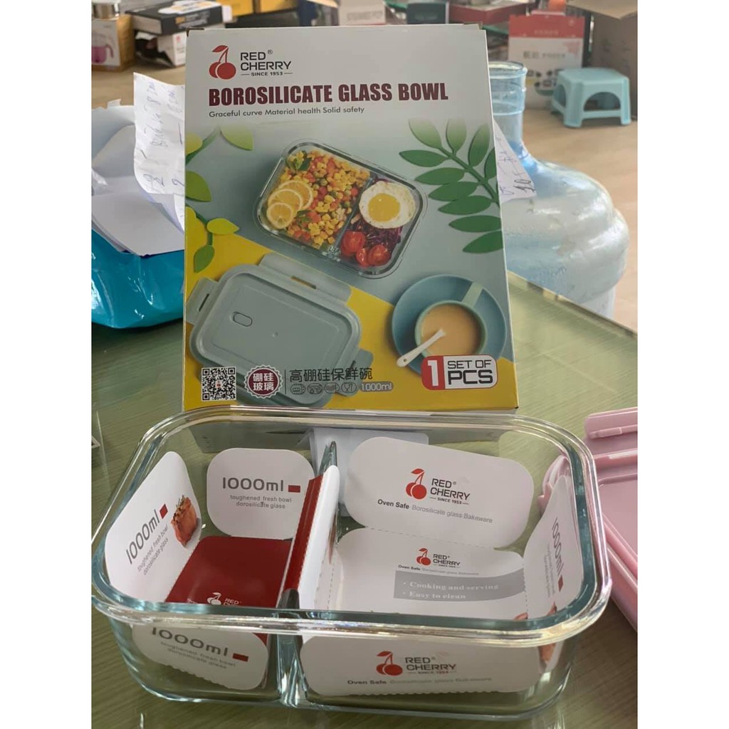 Hộp thủy tinh 3 ngăn có nắp, dung tích 1000ml (ảnh thật)