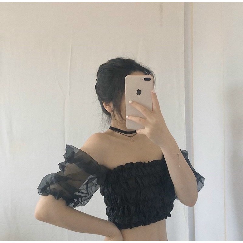 Áo ống nhúm màu phi lụa trễ vai tay đứt crt ôm dáng chất voan kiếng sang chảnh