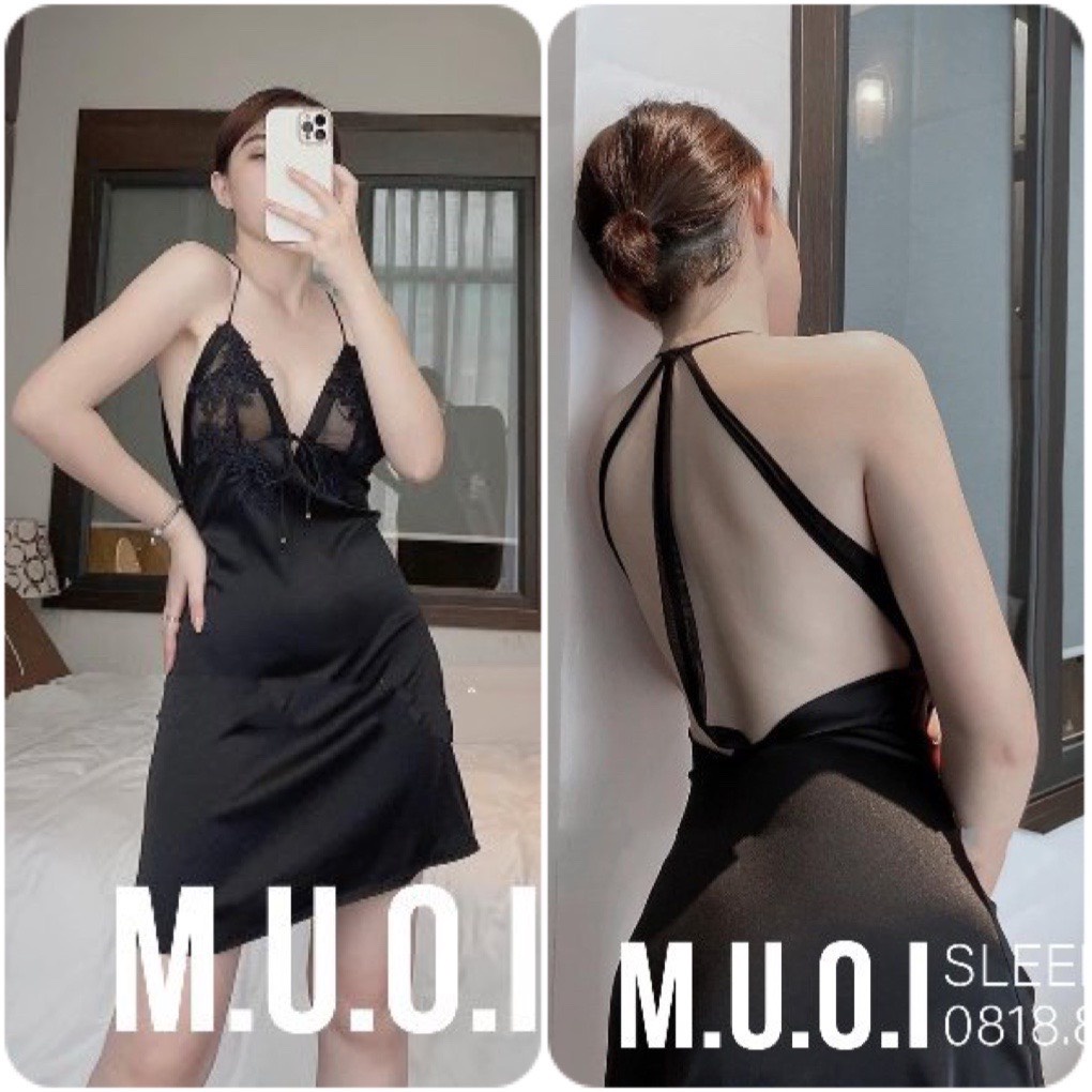 [FREESHIP] Váy ngủ sexy Quảng Châu - Sx 24 Váy ngủ lụa sexy hở lưng phối ren ngực khoe lưng hot hit cao cấp