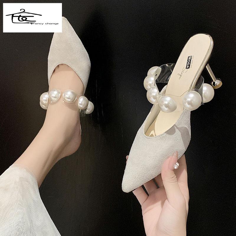 Dép Sandal Cao Gót Mũi Nhọn Phối Dây Ngọc Trai Thời Trang Mùa Hè Dành Cho Nữ