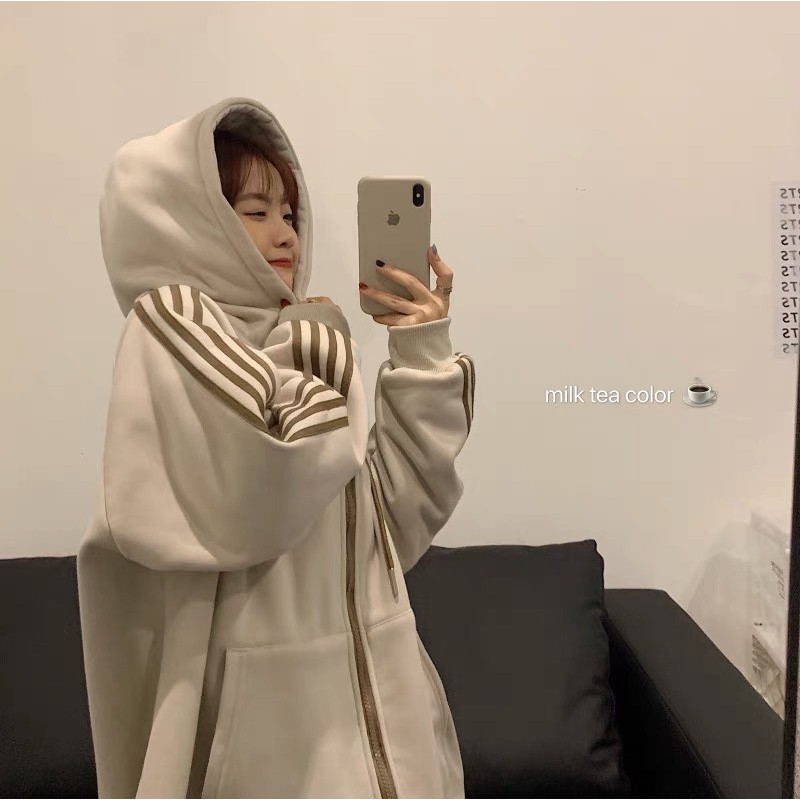 Áo khoác nỉ nam nữ form thụng tay sọc Unisex , Áo khoác nam nữ thể thao nỉ bông kẻ sọc màu đen basic cá tính