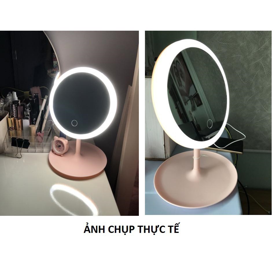 Gương trang điểm tròn để bàn đèn led cảm ứng cao cấp tích điện 3 chế độ sáng