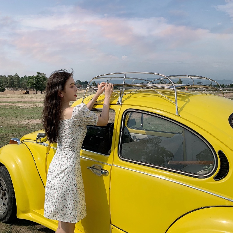 Đầm ngắn tay bằng voan họa tiết hoa phong cách retro Hàn Quốc thời trang dành cho nữ