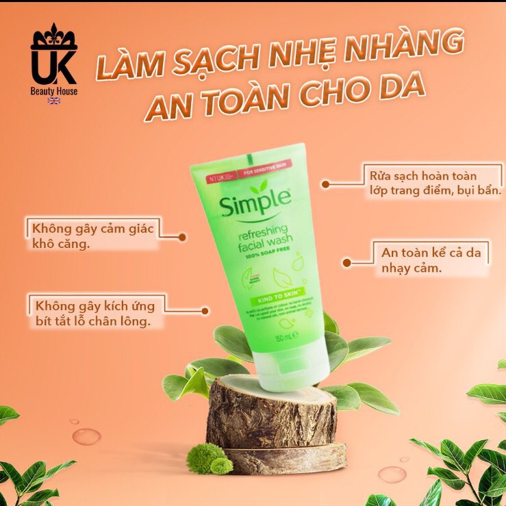 Sữa Rửa Mặt Dạng Gel Simple Kind To Skin Refreshing Facial Wash Gel, SRM sạch sâu Moisturising Facial Wash