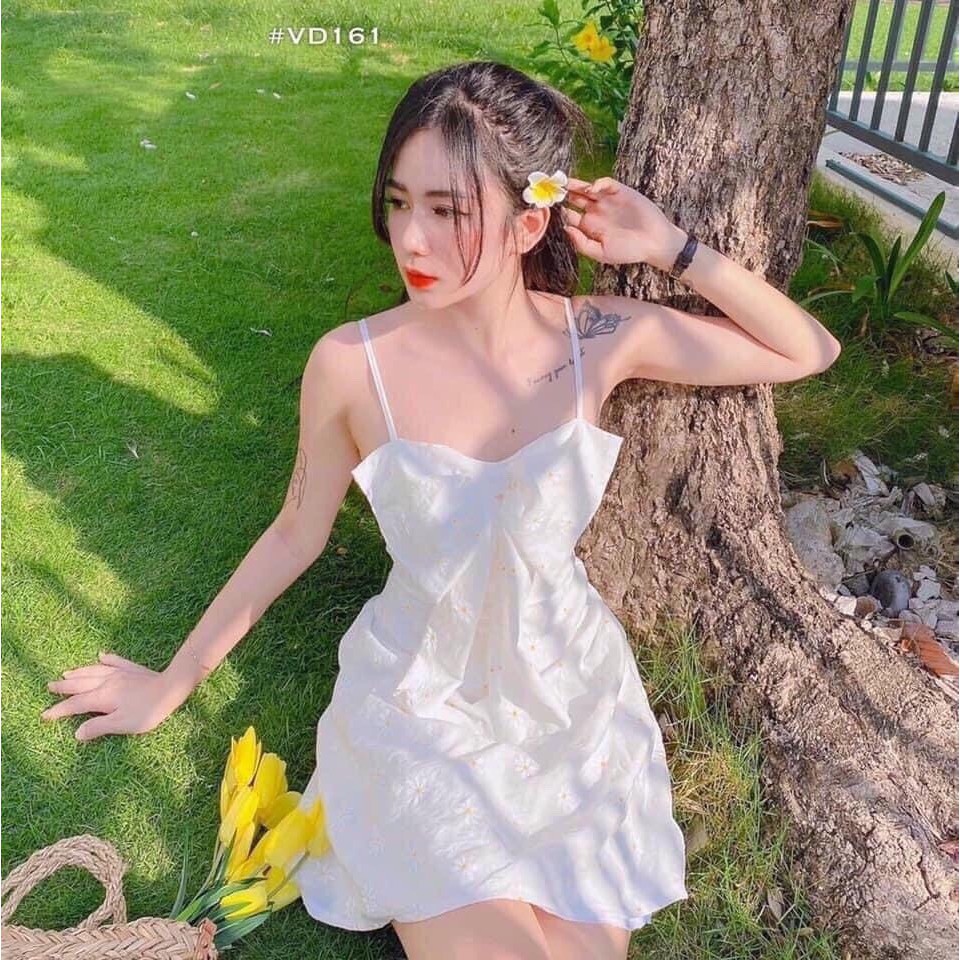 Váy đầm nữ hai dây kết nơ ngực họa tiết hoa cúc hot trent