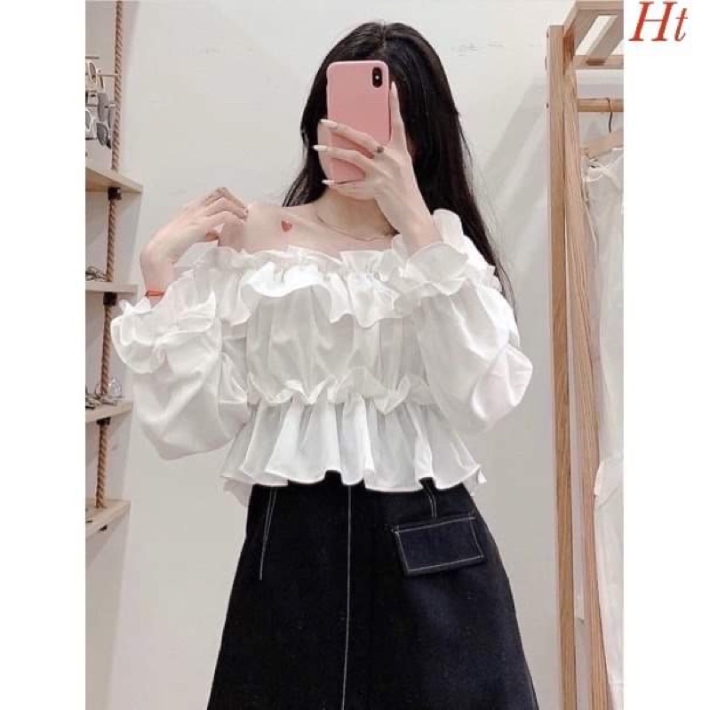 Áo trễ vai bánh bèo xếp lớp tay bồng H2A866