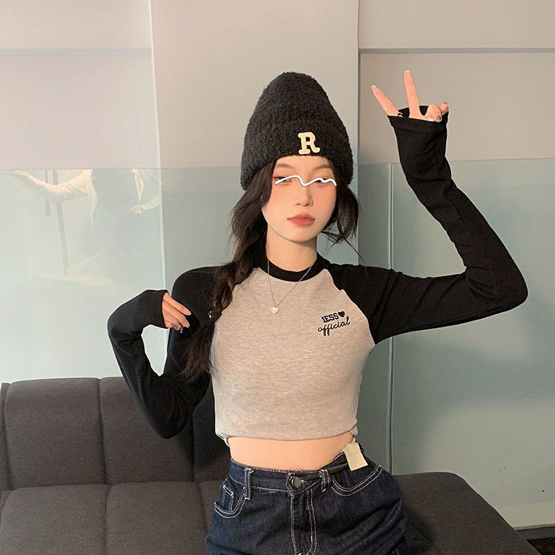 Áo Thun Lửng Tay Dài Thêu Chữ Phối Màu Tương Phản Thời Trang Cho Nữ JH-CX-91