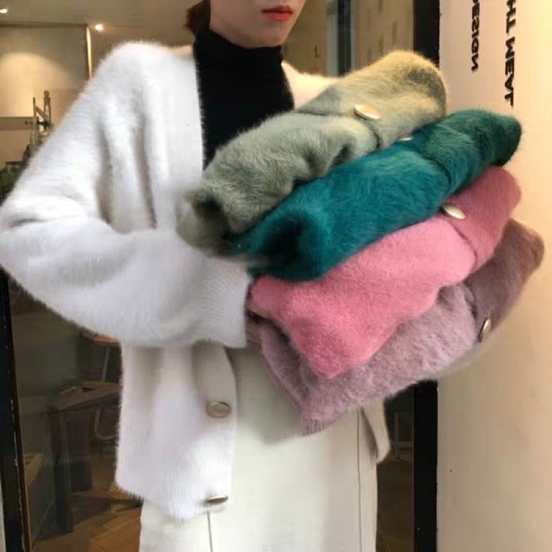 Áo khoác len áo Cardigan lông chồn dệt kim phong cách Hàn Quốc
