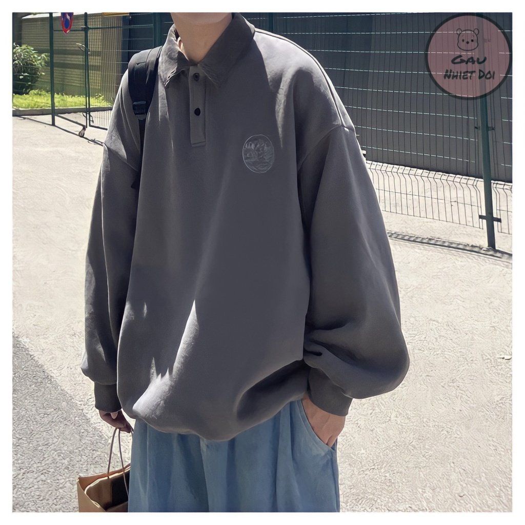 Áo Sweater Nỉ Unisex Logo Ngực Cổ Polo Dài Tay 2 Màu Đen/Xám Freesize Thời Trang Nam