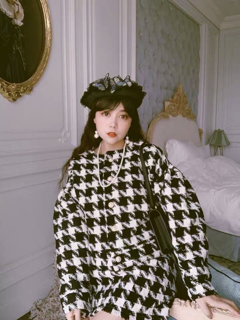 Set áo khoác dạ chân váy hoạ tiết