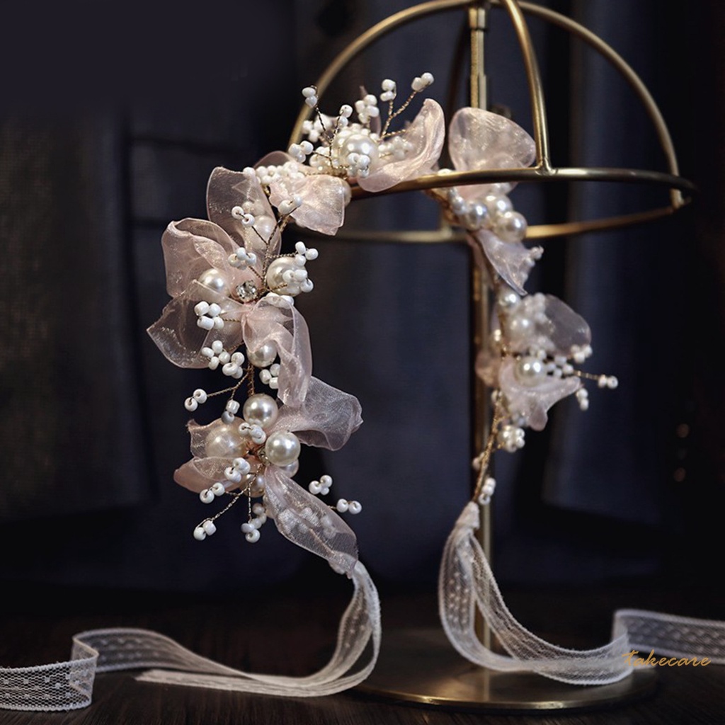 Elegant Pearl Headband Pink Flower Sweet Bridal Wedding Hairwear Charming Jewelry Gifts for Women