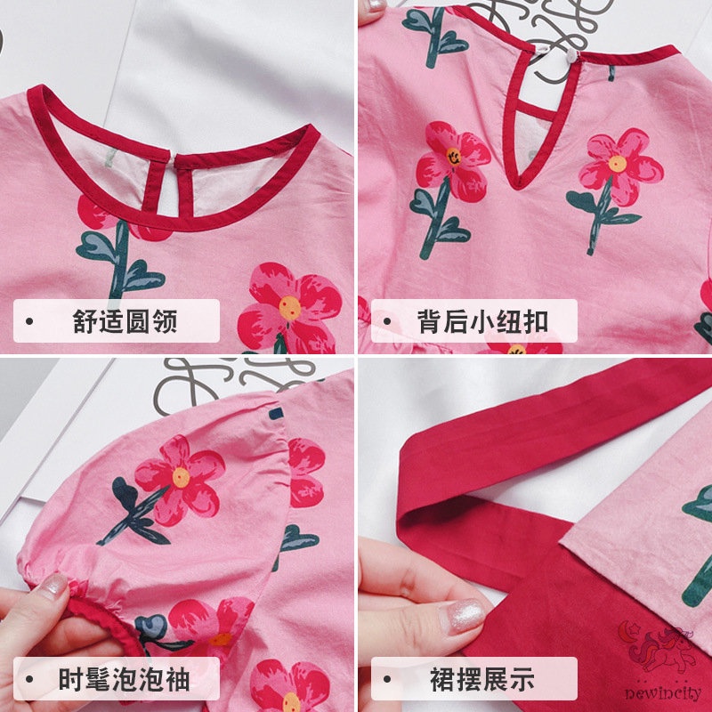 Đầm Công Chúa Tay Phồng Thắt Nơ In Họa Tiết Hoa Phong Cách Hàn Quốc Thời Trang Mùa Hè Cho Bé Gái