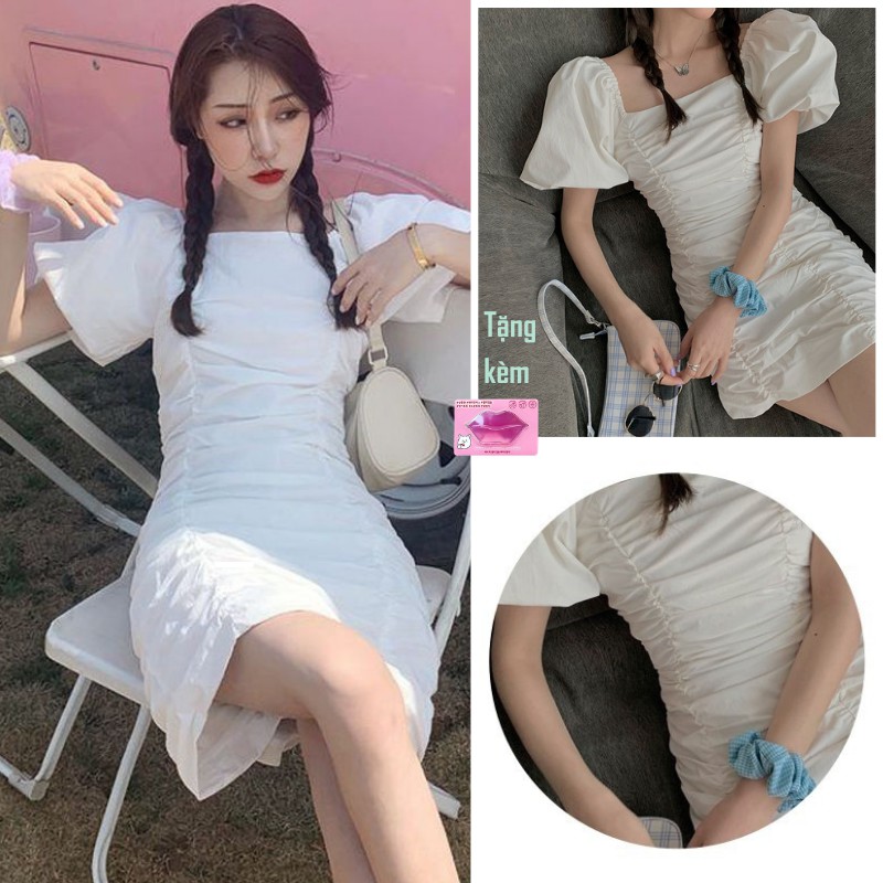 Váy Nữ Ôm Body Tay Bồng Cổ Vuông Nhún Bèo SIXTEEN.