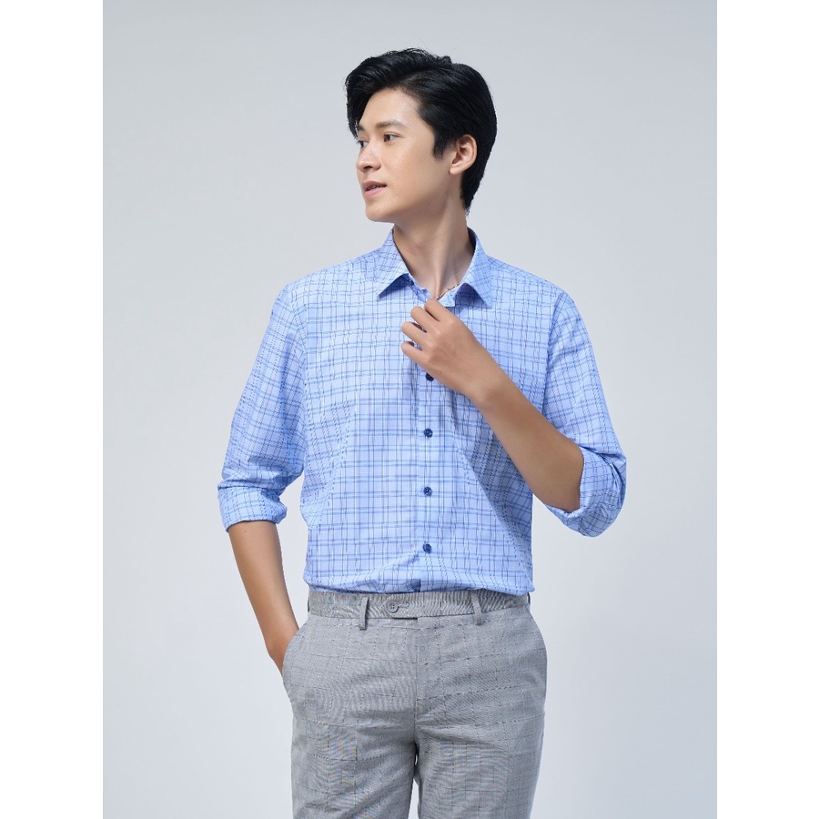 Áo Sơ Mi Nam Dài Tay OWEN AR220787DT Somi Công Sở Vải Sợi Tre Cao Cấp Màu Kẻ Caro Xanh Navy Trắng Dáng Suông Tà Lượn