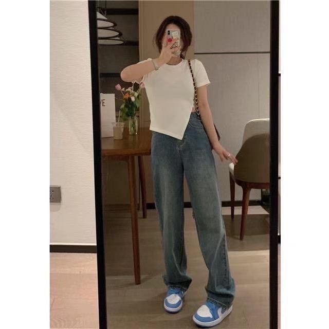 Quần jean COZOK lưng cao ống rộng phong cách Hàn Quốc cổ điển