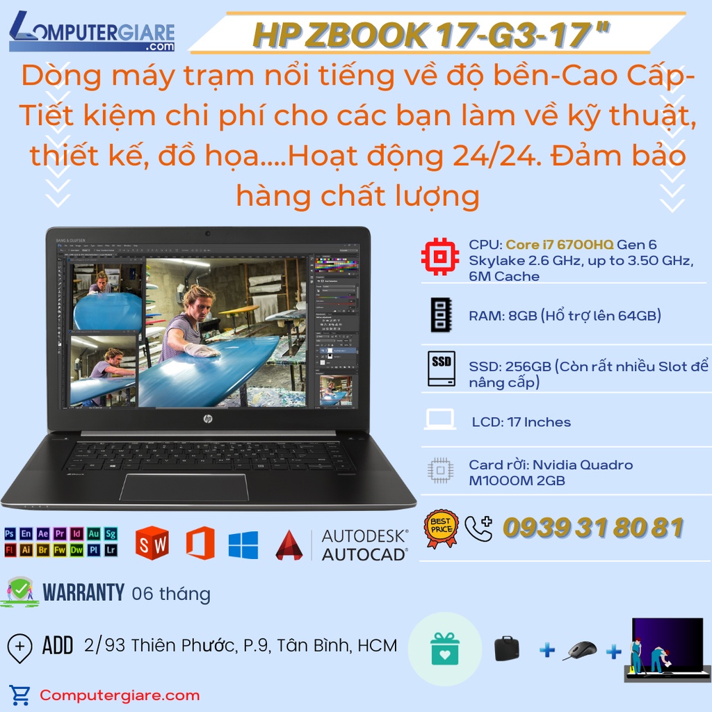 Thanh lý Laptop cũ HP Zbook 17-G3-i7 Gen 6 Skylake-Dòng máy trạm cao cấp 17 inches chuyên cho đồ họa, thiết kế, video