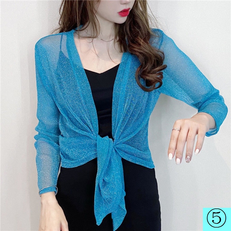 Áo khoác cardigan mỏng dáng ngắn tay dài buộc dây cao cấp mặc ngoài thời trang mùa hè dành cho nữ