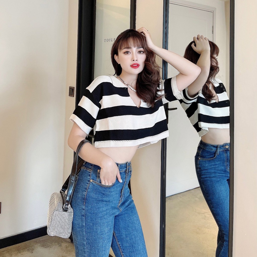 Croptop nữ sọc ngang KAYLIN áo kiểu lửng thun phông trẻ trung N1545