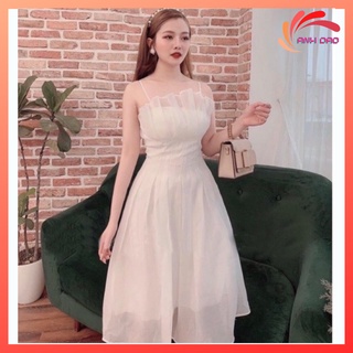 Váy đầm dự tiệc dạo phố xòe xếp li eo thiết kế hai dây quyến rũ màu trắng hồng chất voan xốp V00404 đủ size AĐ BOUTIQUE