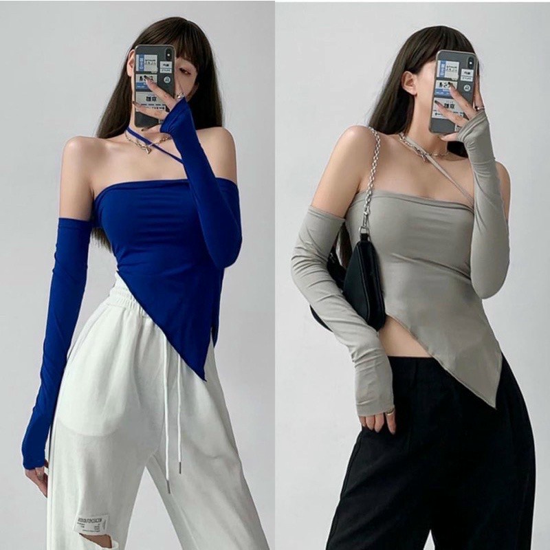 Áo Kiểu Nữ Bẹt Vai Phối Dây Chéo Tay Dài Tà Lệch Nhọn