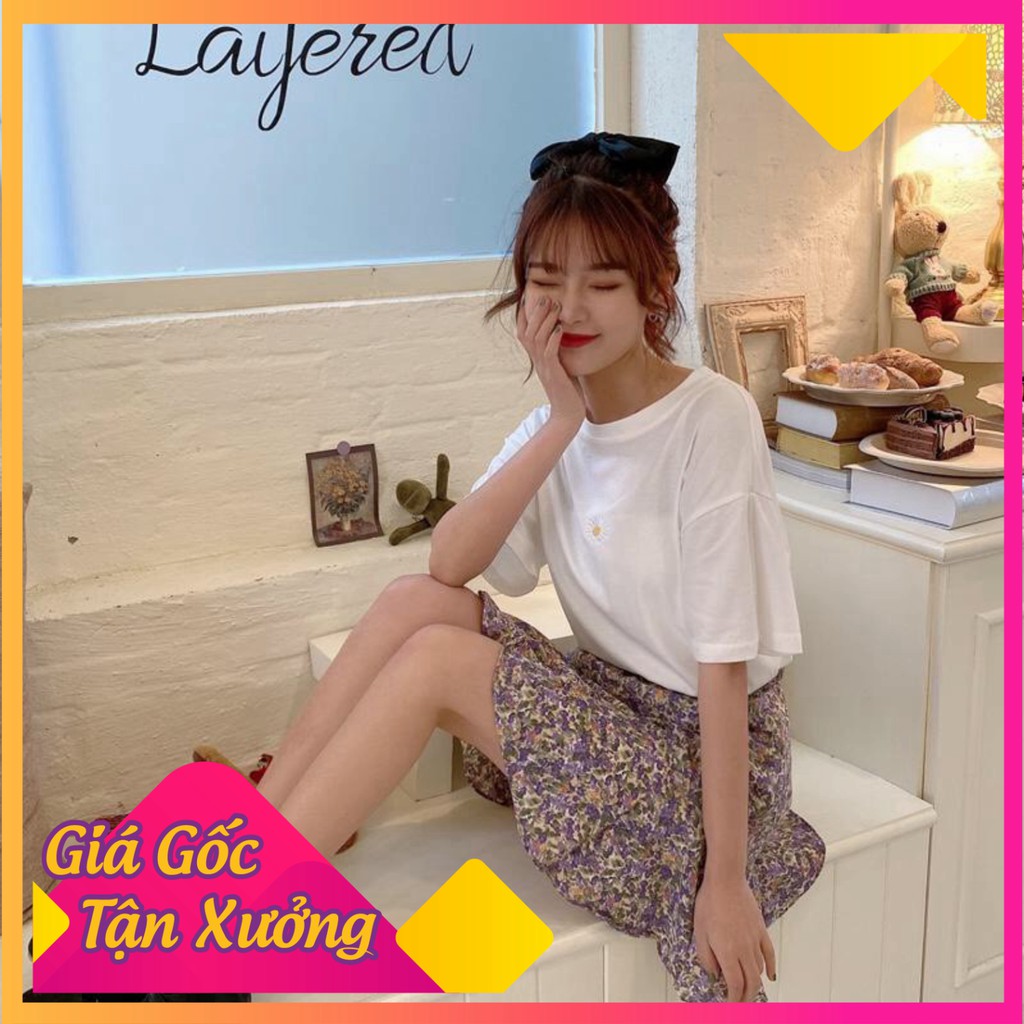 SET CHÂN VÁY HOA NHÍ VINTAGE ĐUÔI BÈO TÍM HỒNG VÀNG ĐEN MIX ÁO THUN DAISY THÊU HOA VÀNG HỒNG TRẮNG ĐEN [