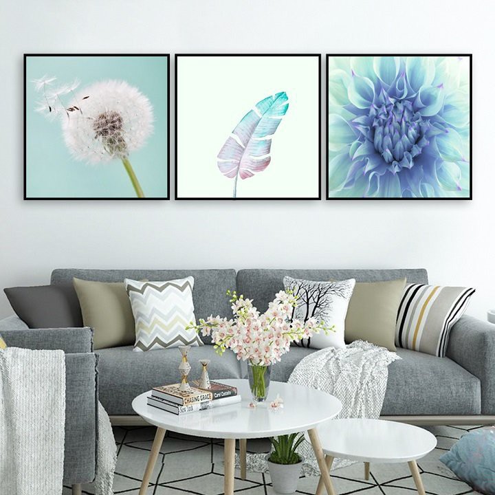 Bộ 3 tấm tranh canvas treo tường Lala chủ đề hoa lá trang trí phòng ngủ kèm đinh 3 chân đa năng
