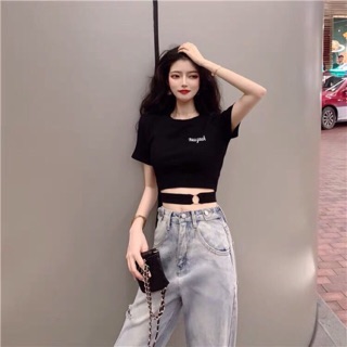 🤡 Áo Croptop Thêu Chữ Phối Khoen