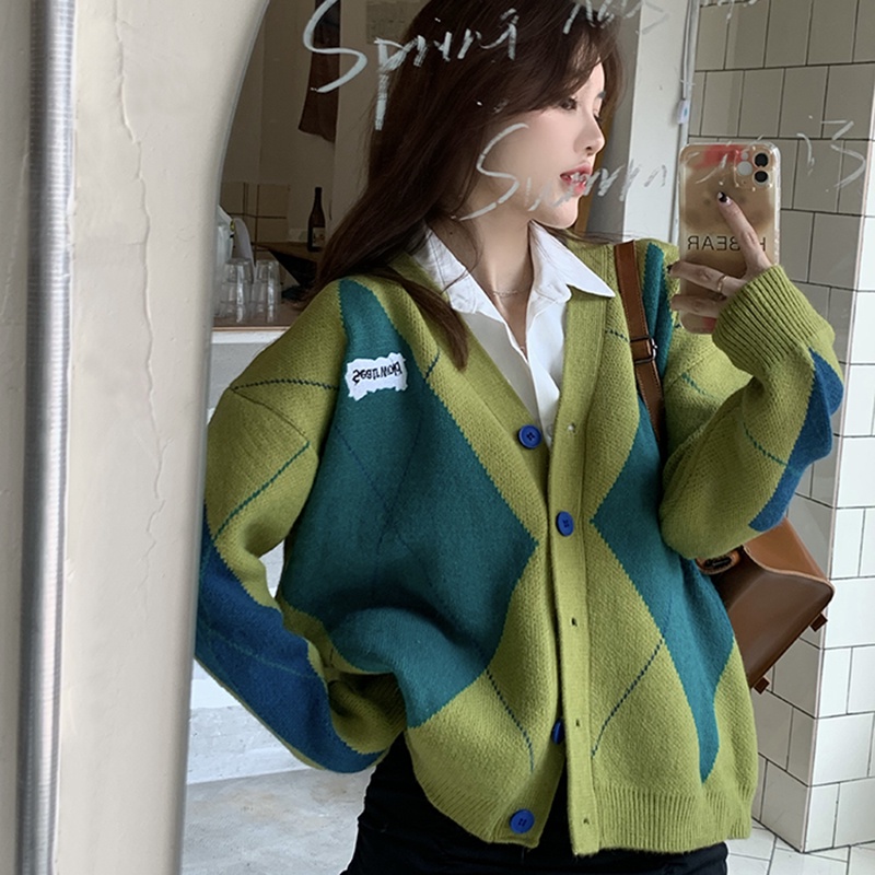 Áo khoác cardigan dệt kim dáng rộng in họa tiết kẻ sọc caro màu tương phản thời trang Hàn Quốc 173977