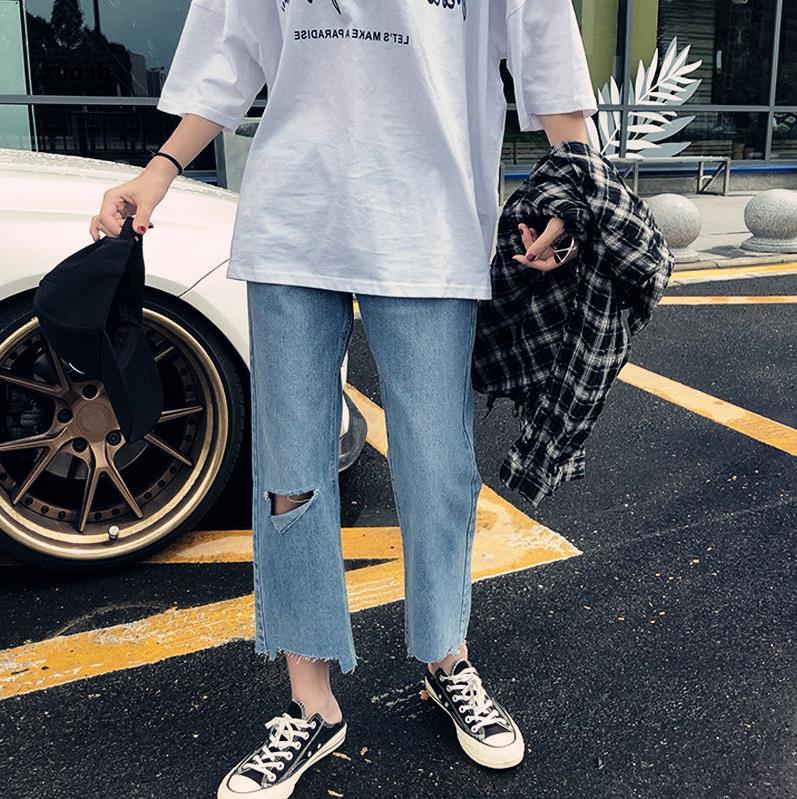 SUXI Quần jeans dài kiểu rách thời trang cá tính dành cho nữ