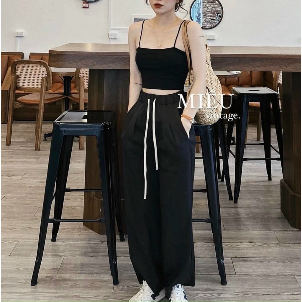Quần ống rộng nữ lưng cao cạp thun chun dây rút dáng dài thể thao, Quần tây ống suông rộng nữ-mã 106A