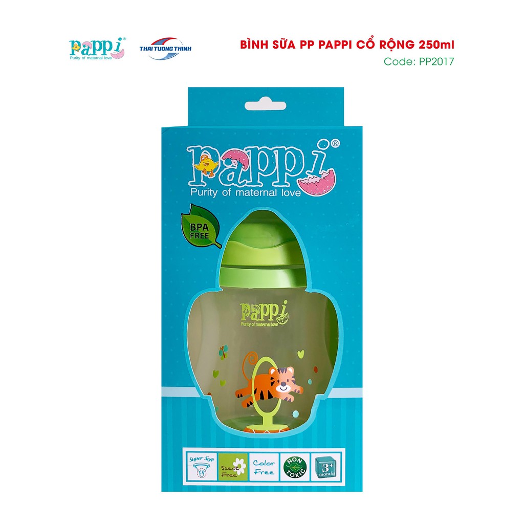 Bình Sữa cổ rộng tay cầm nhựa PP Pappi 250ml Thailand BPA FREE