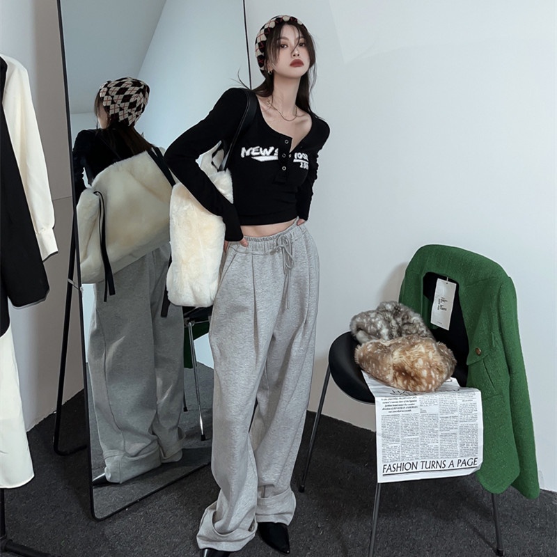 Áo Thun Tay Dài Dáng Ôm In Chữ Thời Trang Thu Đông