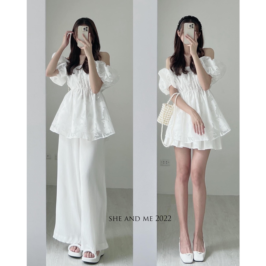 (Hàng Có Sẵn) Nina Item_Áo Trễ Vai In Hoa Dập Nổi Áo Ống Chiết Eo Hàng Quảng Châu Siêu Đẹp (Ảnh thật ở cuối)